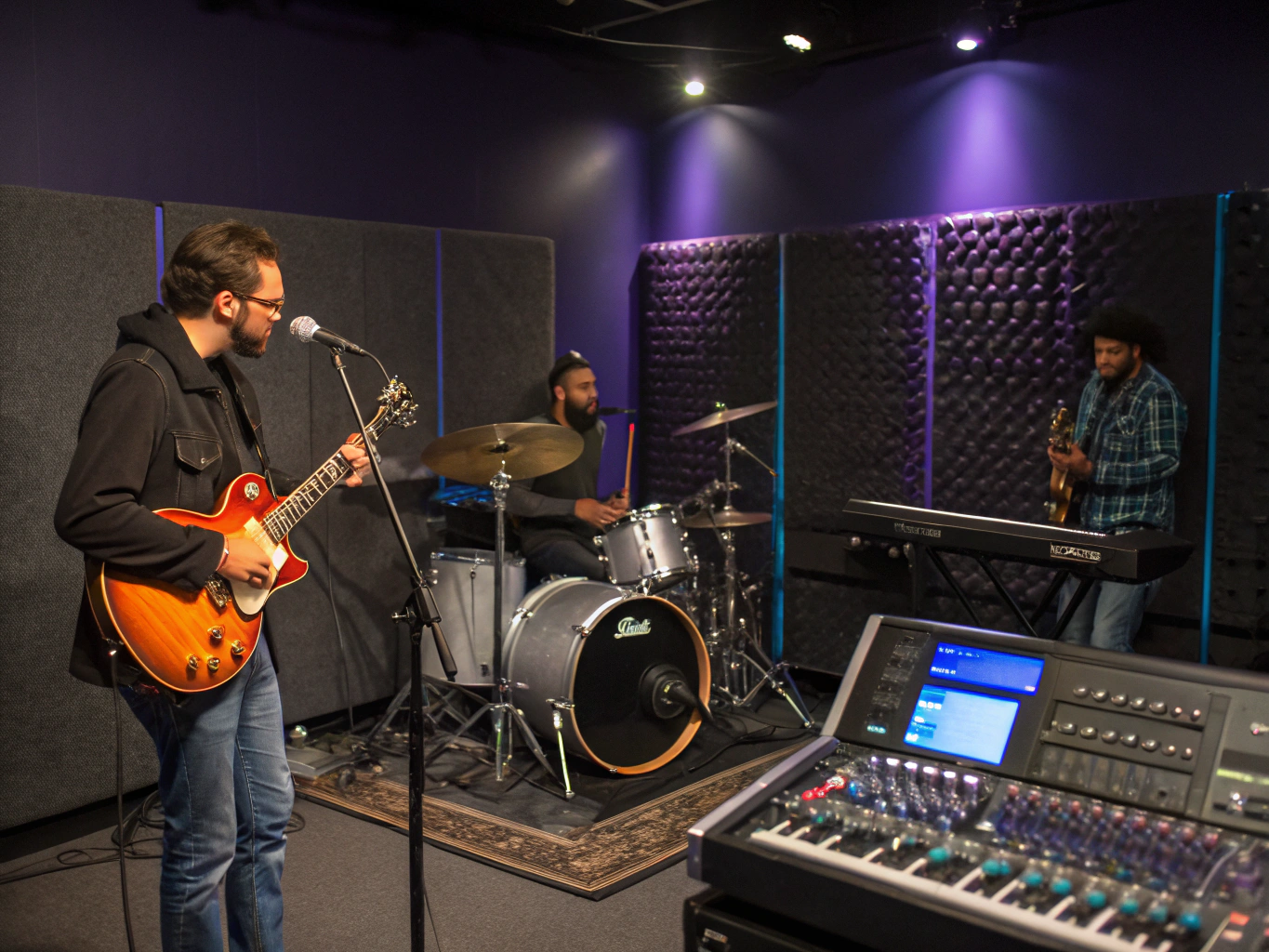 Tour-grade guitar amplifiers and professional drum kit ready on stage