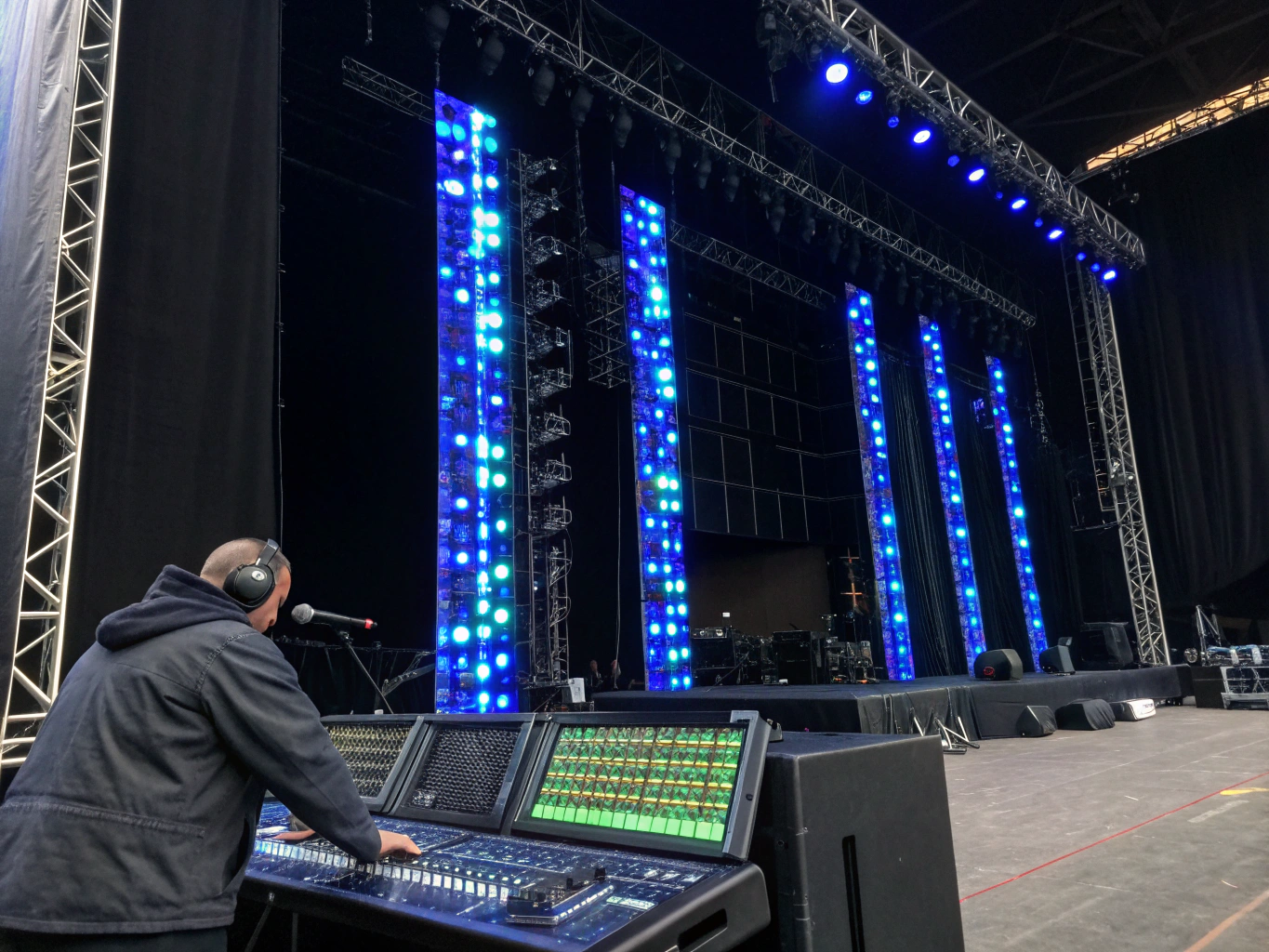 Technical production crew rigging an outdoor concert stage with blue wash lighting at dusk