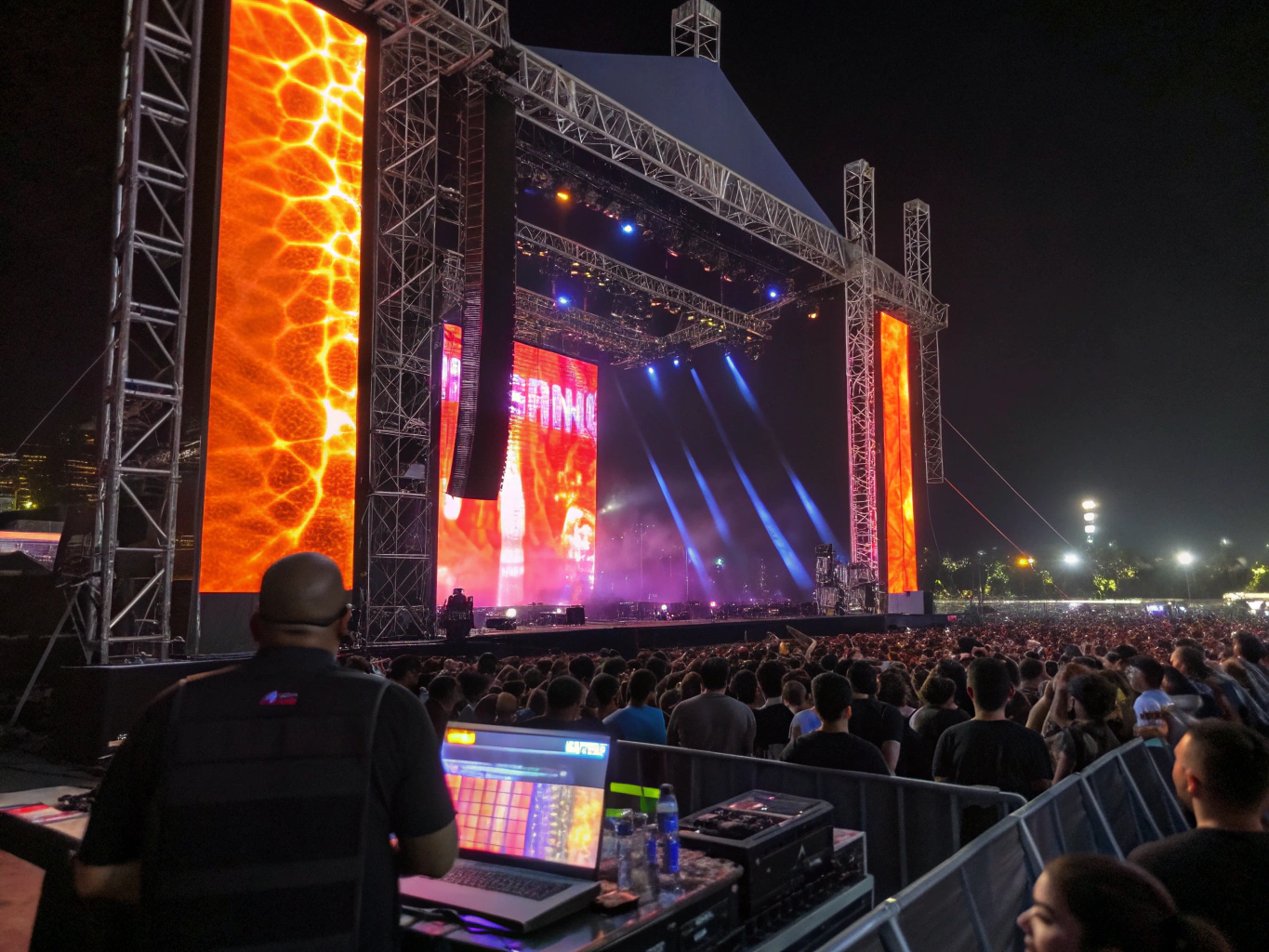 Concert stage illuminated with high-contrast stage lighting and beams