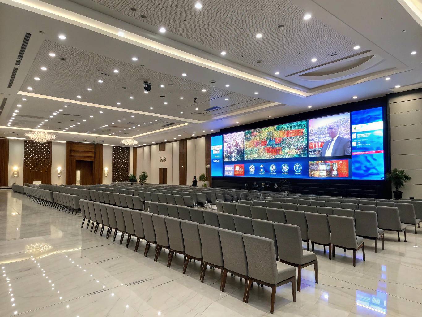 Convention centre stage with widescreen LED displays and podium lighting