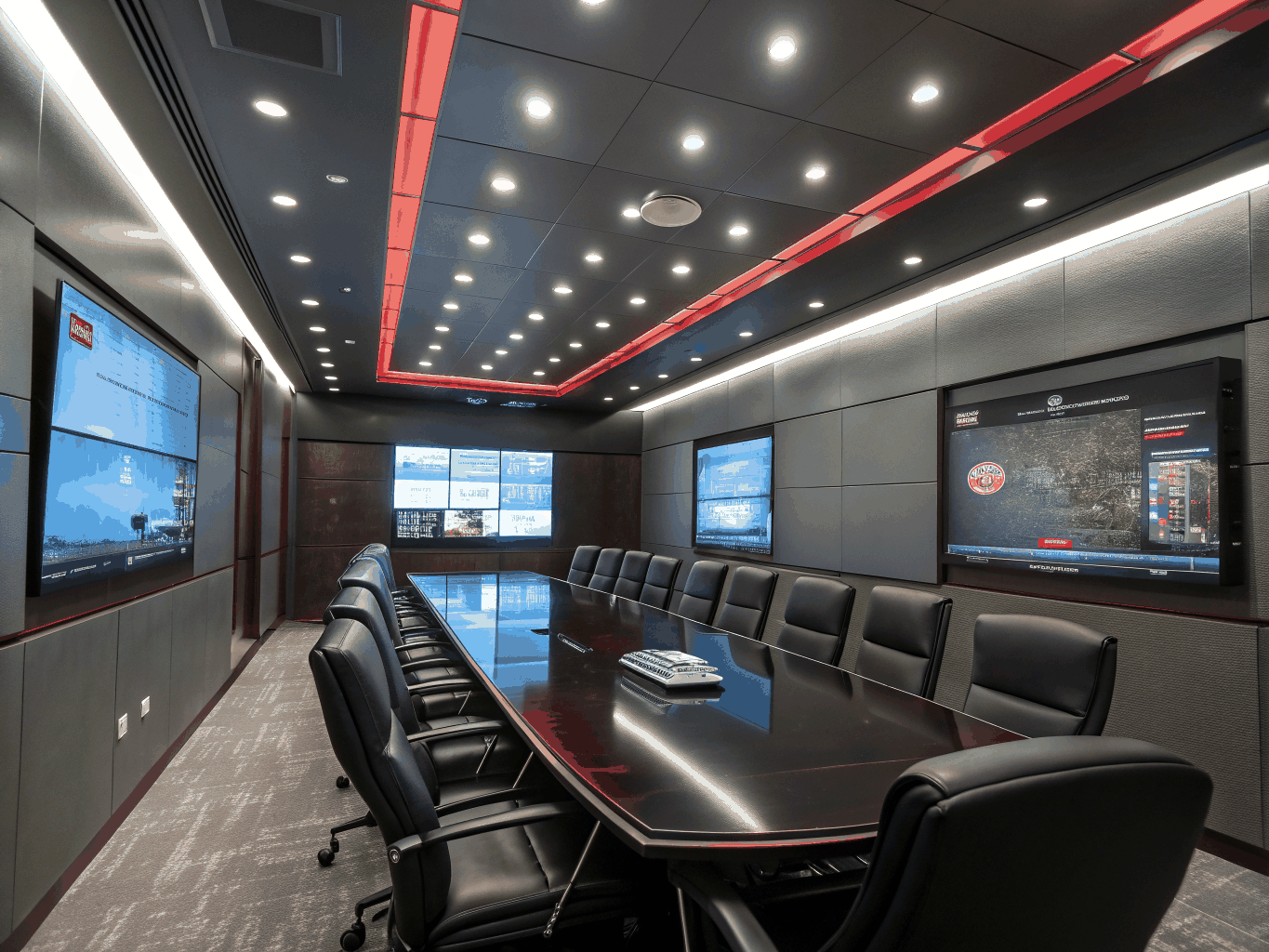 Executive meeting room with clear presentation screens and professional microphones