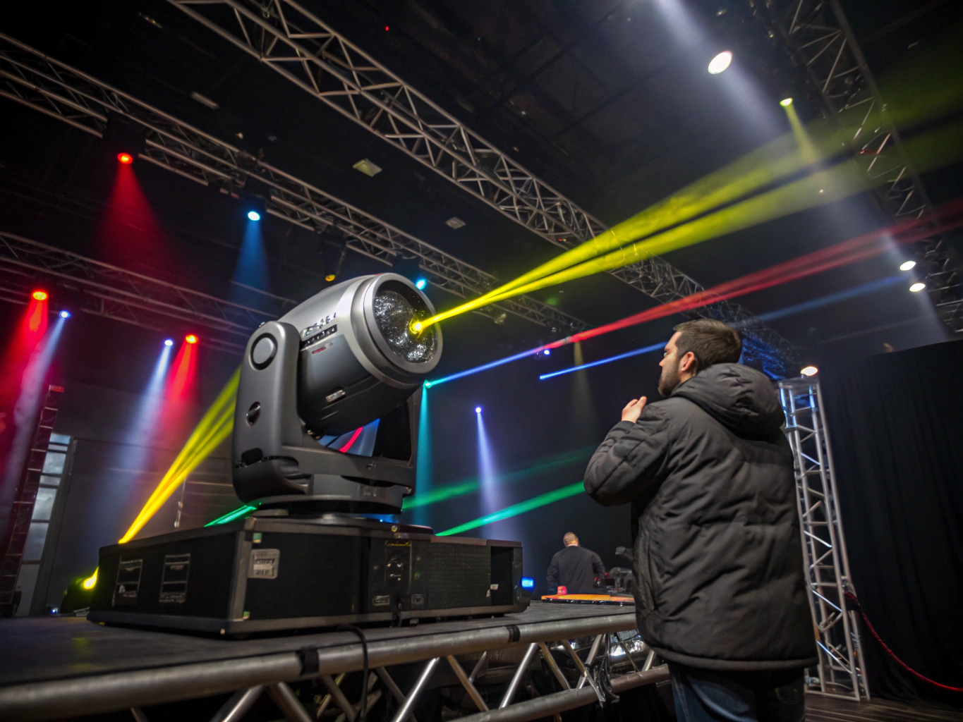 High-intensity moving head stage lights and atmospheric beam effects
