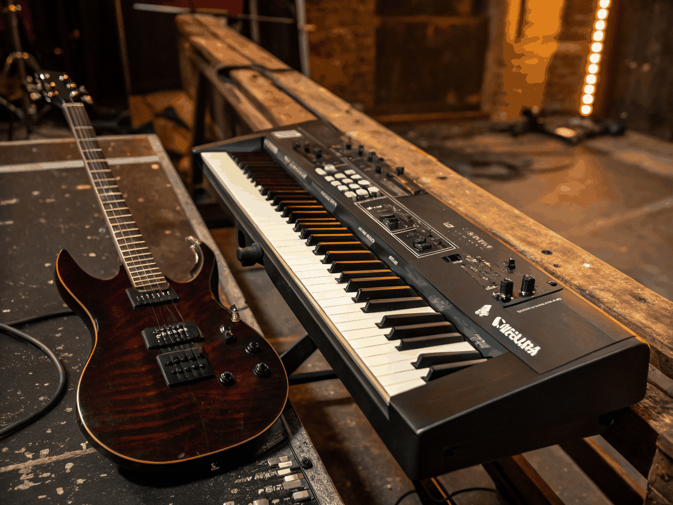 Stage-ready musical instruments, drum kit, and tube amplifiers