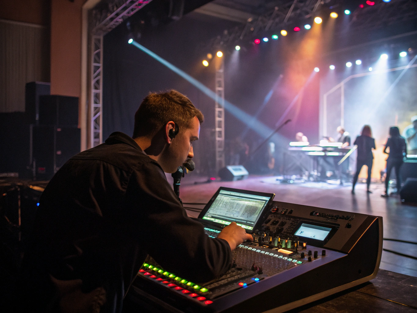 Sound engineer operating a digital mixing console at a live event