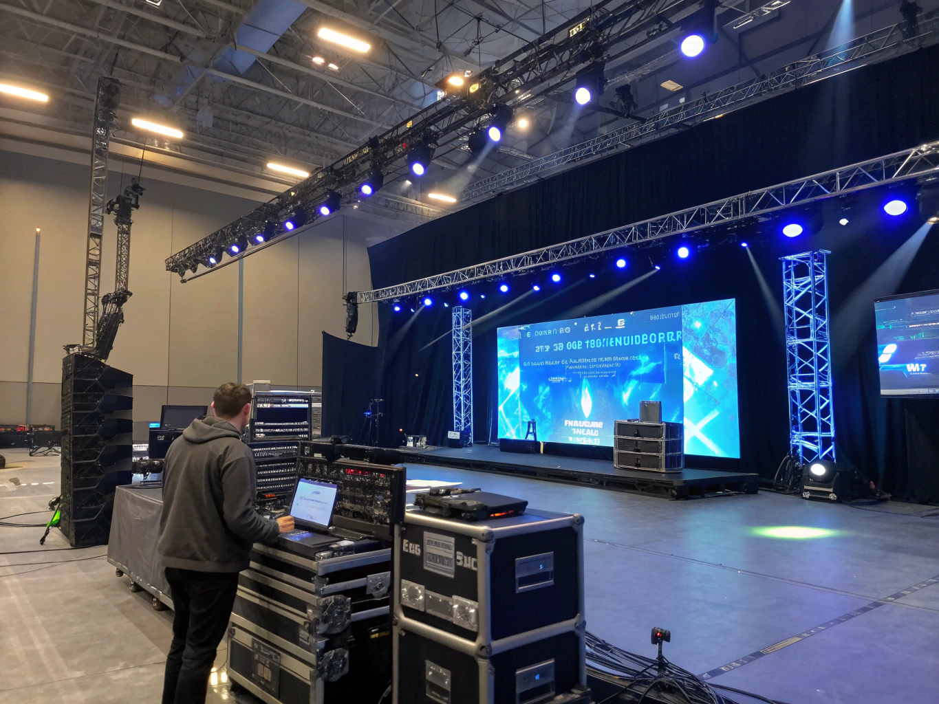 Audio visual technician reviewing stage and venue specifications