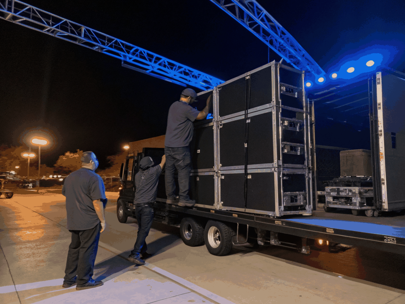 Tour-grade flight cases and production equipment prepped for logistics