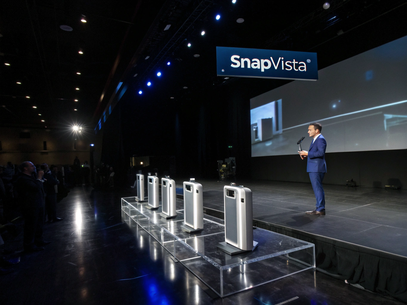 Corporate product reveal under crisp white spotlights and high-contrast stage screens