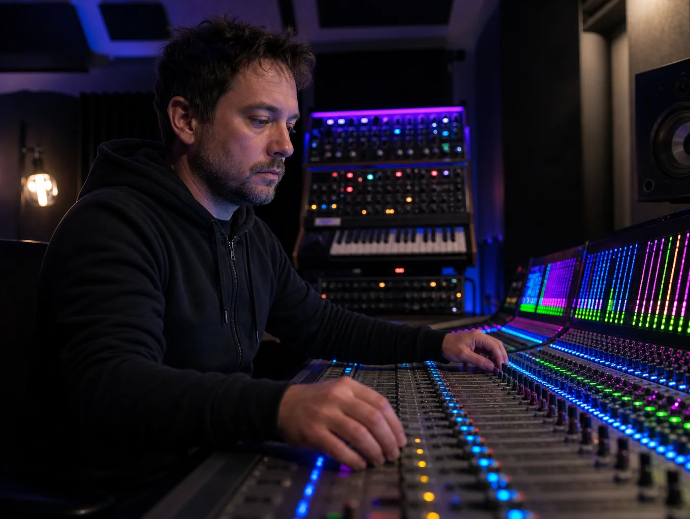 Sound engineer operating a professional digital mixing console