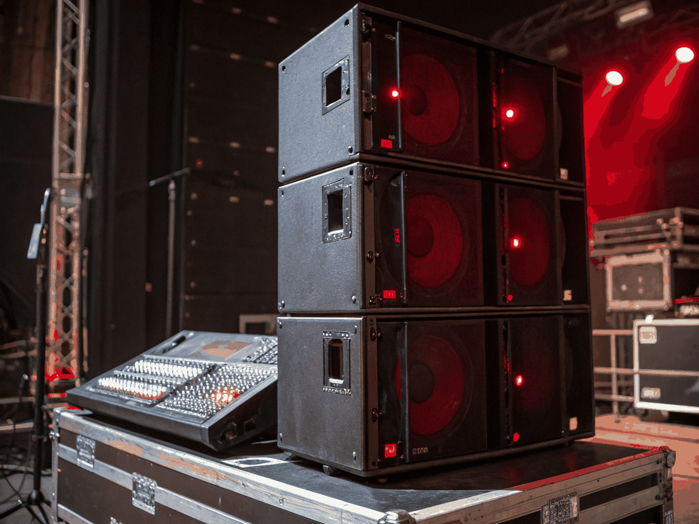 Touring line array speakers and stage subwoofers set up for live concert