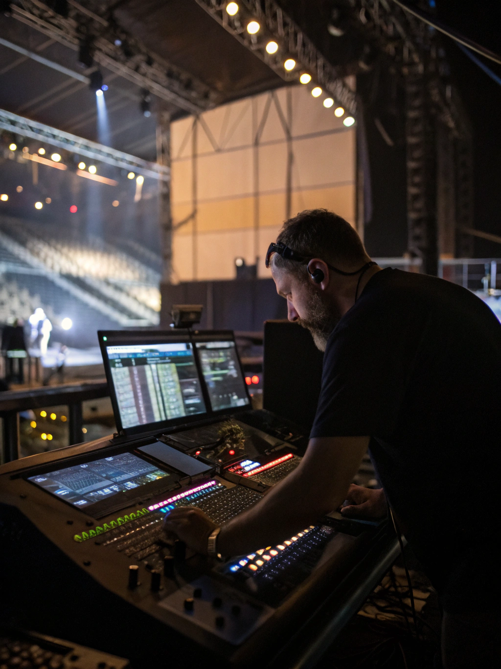 Sound technician analyzing frequency response with wireless audio tuning tools