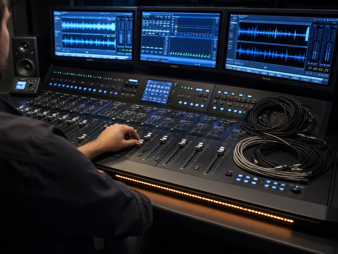Digital audio mixing console and technical control rack at front of house