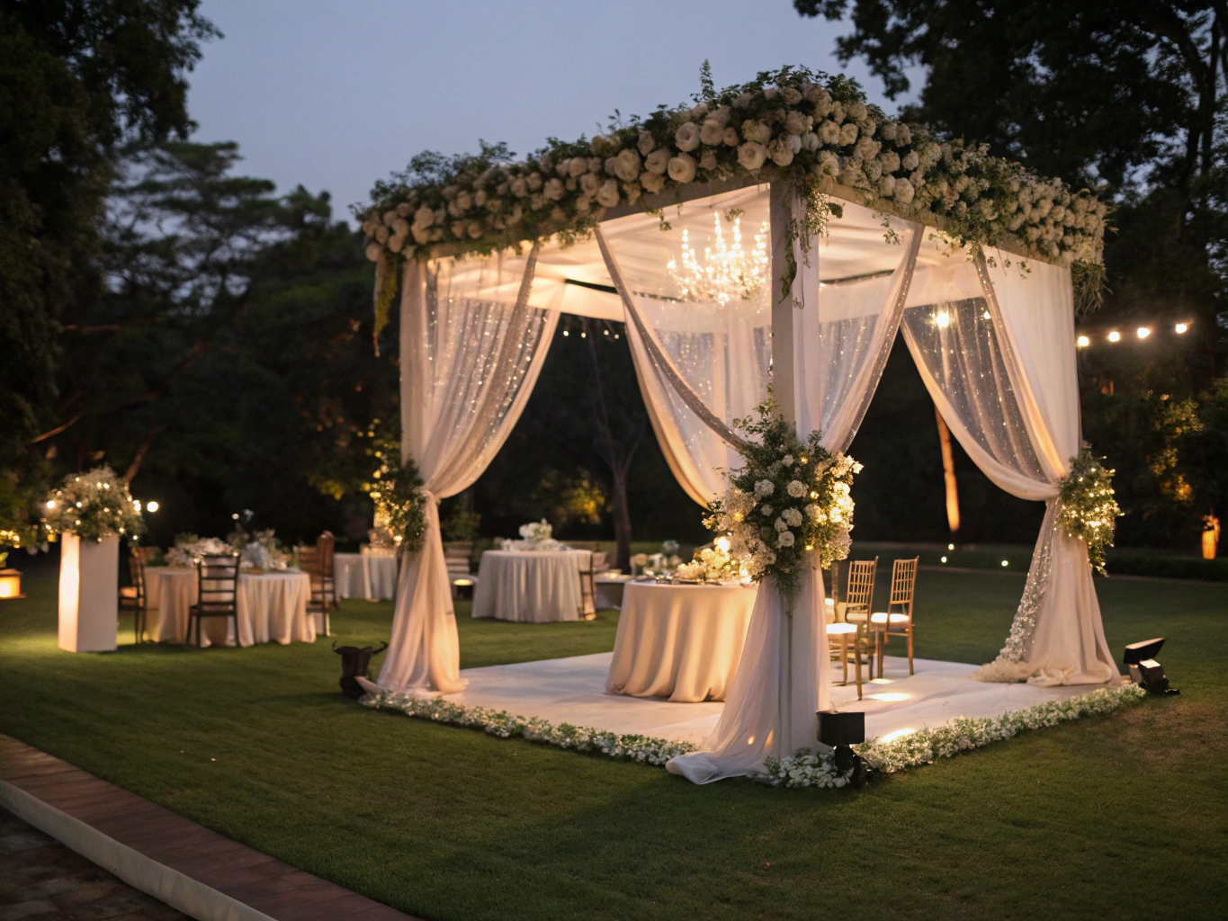 Elegant wedding marquee tent with warm atmospheric lighting and discreet PA setup